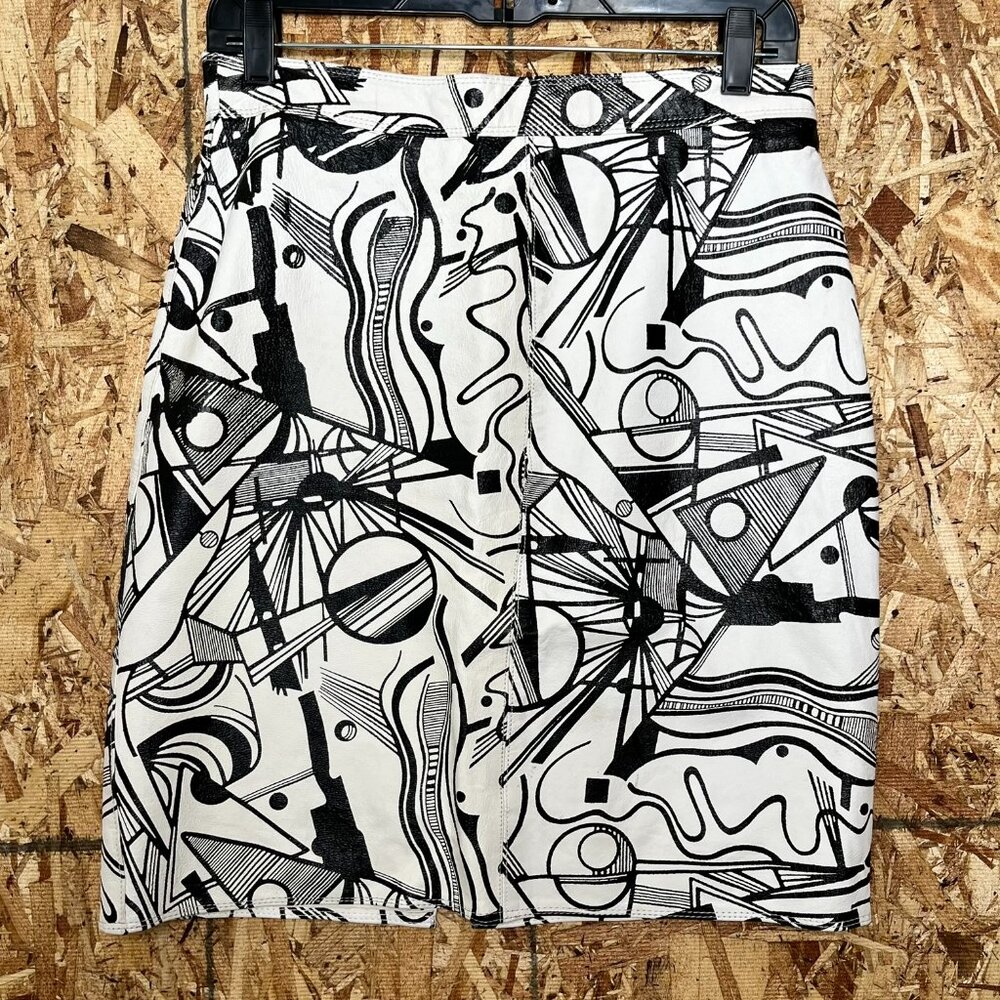 Vintage Pia Rucci Abstract Leather Skirt | Black & White Graphic | Size 12